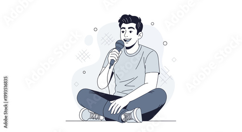 Man sitting cross-legged holding a microphone, singing or speaking, illustration