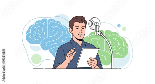 Man Speaking into Microphone with Brain Graphics - Idea Generation and Communication Concept
