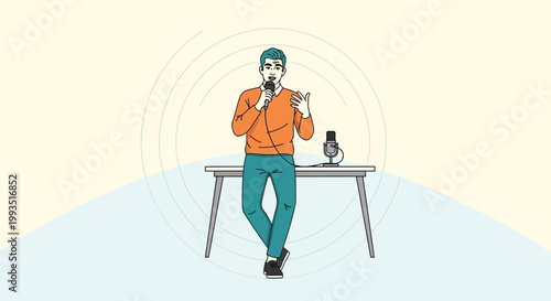 Man speaking into microphone with sound waves, podcasting or presentation concept