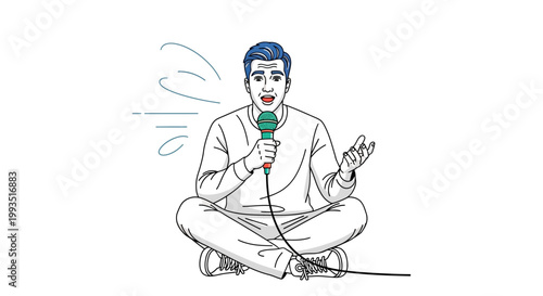 Man speaking into microphone, sitting cross-legged, illustration, blue hair, white clothes