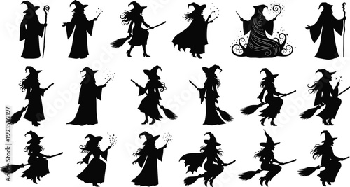   
Cartoon illustrated witches and wizards silhouettes in robes with hats broomsticks staffs casting spells magical fantasy folklore creative artwork scene
