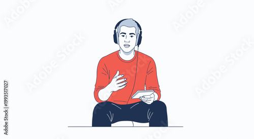 Man with headphones and tablet talking, animated style, white background