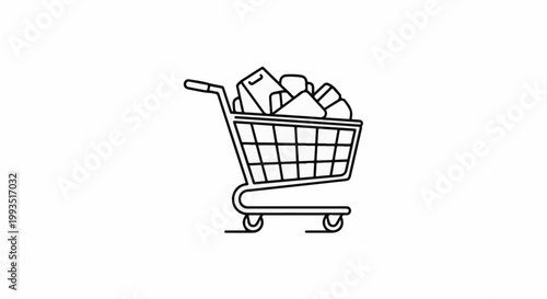 A simple black and white line drawing of a shopping cart overflowing with goods