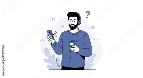 Man with headphones listening to music on phone, confused by sound waves