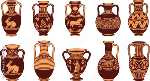 Ancient Greek Amphora Collection with Mythological Figures and Ornamental Patterns Vector Illustration