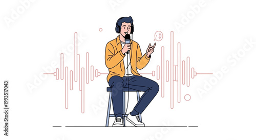 Man with headphones speaking into microphone with sound waves illustration
