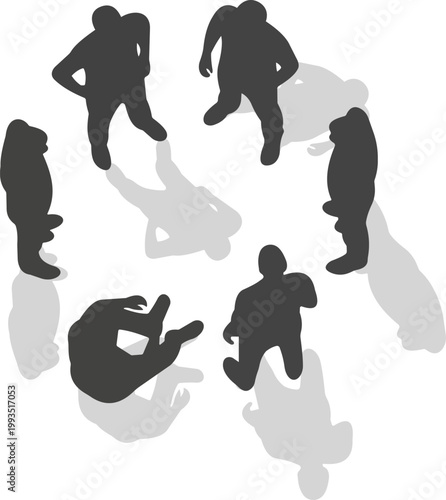 Silhouette of six people standing in a circle from a top view.