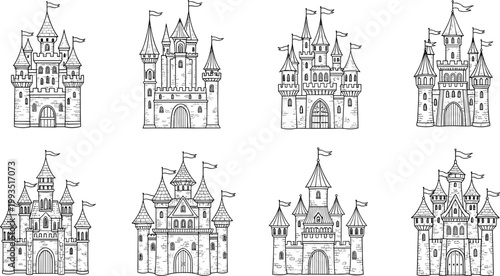 Detailed black and white illustrated medieval castles with towers turrets battlements flags spires arched entrances fantasy fortress architecture artwork scene