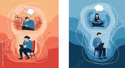Business people, thinking, meditation, productivity icons, vector set
