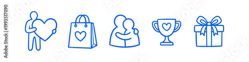 A series of five blue minimalist line-art icons representing themes of love, charity, giving, community, and appreciation, including figures hugging and holding a heart, a gift, and a trophy.