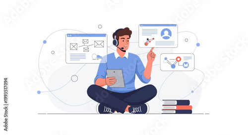 Man with headset and tablet, surrounded by digital interfaces, learning and working online