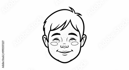 A cheerful, stylized line drawing of a young boy's face with closed eyes and a wide smile