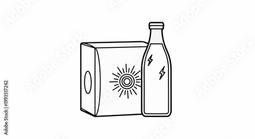 Line art of a rectangular box with a sunburst emblem and a bottle with lightning bolts