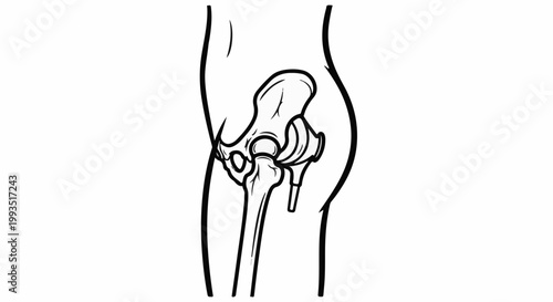 Line drawing of a human hip joint with a prosthesis