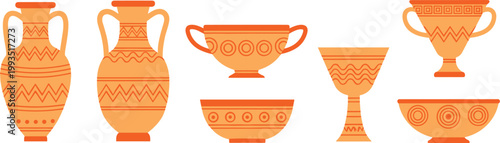 Ancient Greek Pottery Set with Decorative Vases Bowls and Amphora Vector Illustration