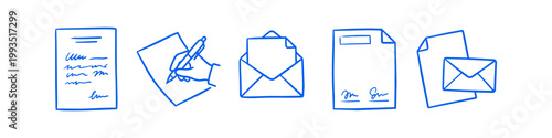 Blue hand-drawn icons of business documents, envelopes, and a hand writing. Simple doodle style illustration for communication, correspondence, and office paperwork concepts.