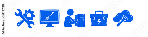 Set of blue IT support and computer repair icons on a white background, featuring a technician, hardware tools, cloud maintenance, and software service symbols.