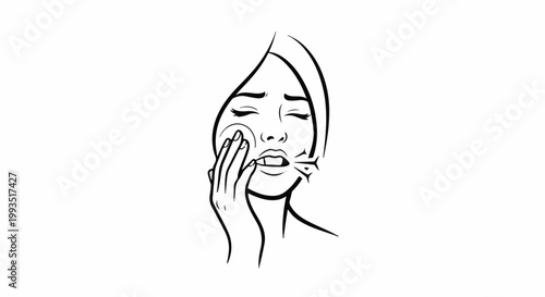 A woman with closed eyes and a towel on her head applies a cotton pad to her face