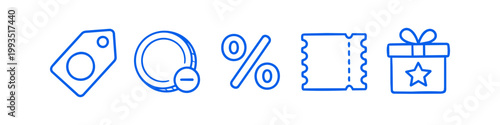 A collection of blue line icons representing e-commerce, discounts, and rewards, featuring a price tag, coin with minus sign, percent symbol, coupon, and gift box.