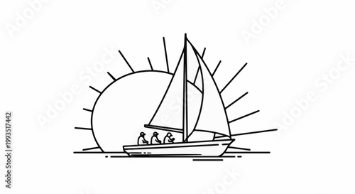 A simple line drawing of a sailboat with three people and the sun
