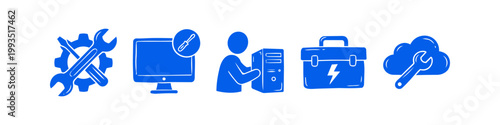 Set of blue flat icons representing IT support, computer repair, cloud maintenance, and technical services. Ideal for technology business graphics and website interfaces.