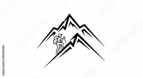 Silhouette of a lone hiker ascending a stylized, sharp mountain peak