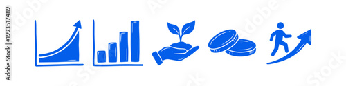 Set of blue hand-drawn business icons showing growth, progress, and investment, including charts, coins, and a person walking up an arrow. Ideal for financial and startup concepts.