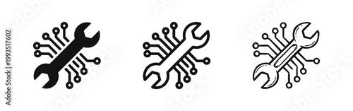 Digital Repair and Technical Support Icons with Wrench and Circuit Lines