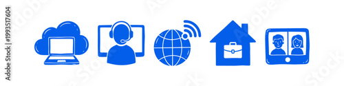 Set of blue hand-drawn icons illustrating remote work, telecommuting, cloud computing, online support, global connectivity, and video conferencing on a white background.