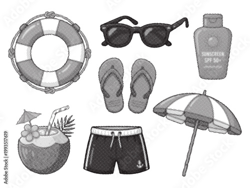 Black and white illustration of summer vacation items on white background