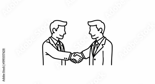 Two stylized men in suits shake hands on a white background