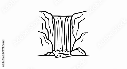 Stylized ink drawing of a waterfall cascading over rocks into a stream