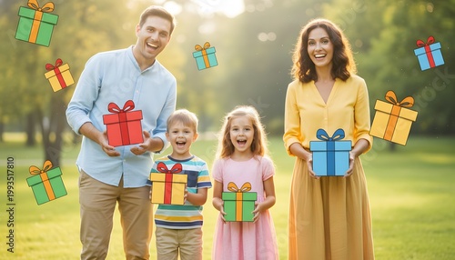Happy Family Outdoors Holding Bright Gift Boxes in Park