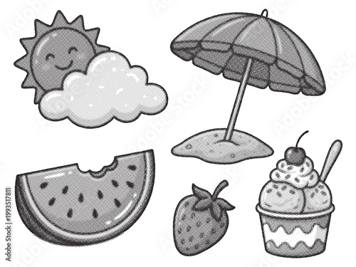Black and white illustration of summer vacation objects and food