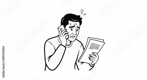 Worried man on phone reviewing documents, sweating profusely