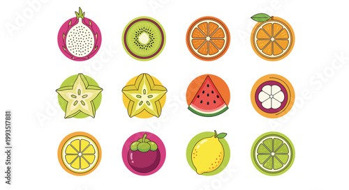 Assorted Exotic Sliced Fruit Icons in Circular Frames, Dragon Fruit Kiwi Orange Starfruit Watermelon Mangosteen Lemon and Lime Vector Set Illustration