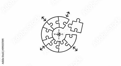 A circular jigsaw puzzle with a compass in the center, one piece removed