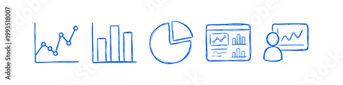 Set of blue hand-drawn business data and analytics icons, including line charts, bar graphs, pie charts, and dashboards in a creative doodle style on a white background.