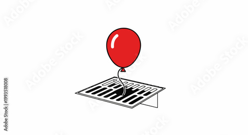 A red balloon is tied to a storm drain grate