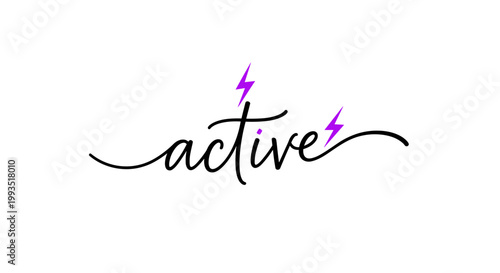 Active Word Handwritten Calligraphy with Purple Lightning Bolts Decoration for Sports Fitness Motivation and Energetic Lifestyle Graphic Design Vector Illustration
