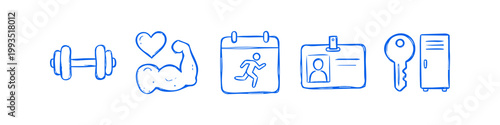 A set of hand-drawn blue fitness icons including a dumbbell, muscular arm with heart, workout calendar, gym pass, and locker key. Creative doodle style on a white background.