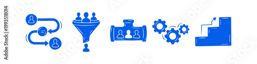 Blue hand-drawn business icon set featuring process workflow, sales funnel, team pipeline, gears, and growth staircase. Ideal for professional presentations and corporate infographics.
