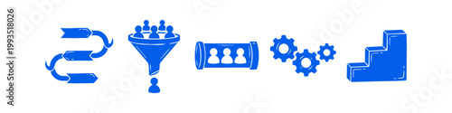 Set of blue hand-drawn business infographic icons featuring a recruitment funnel, gears, growth stairs, and process workflows. Ideal for corporate strategy and management presentations.