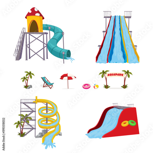 Aquapark vector elements set. Colorful water slides, palm trees, beach umbrella, and pool accessories. Summer vacation icons.