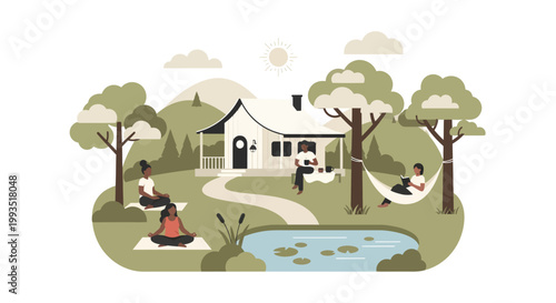 Illustration of family enjoying backyard with house and pond