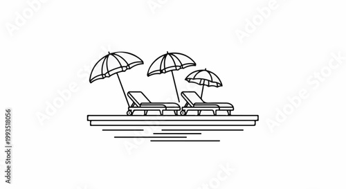 Three lounge chairs and umbrellas on a deck by the water