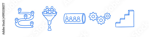 Set of blue hand-drawn business concept icons including roadmap, sales funnel, team pipeline, gears, and progress stairs. Ideal for strategy, recruitment, and growth presentations.