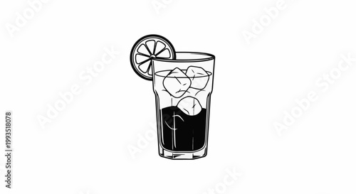 Tall glass with ice cubes, dark liquid, and a lemon slice garnish