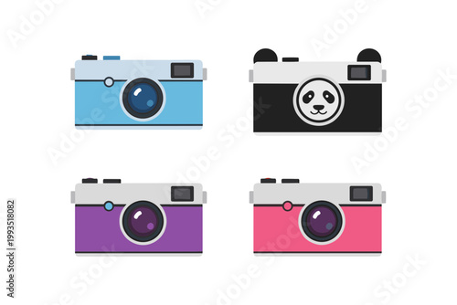 Vintage Retro Camera Set in Multiple Colors including Blue Panda Style Purple and Pink Designs for Photography Hobby and Artistic Lifestyle Vector Icons
