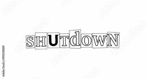 Word "SHUTDOWN" in outlined letter blocks on white background